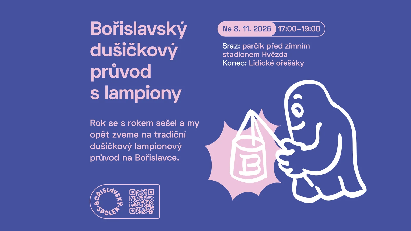 Pozvánka na Bořislavský dušičkový průvod s lampiony, neděle 8. 11. 2026, 17:00–19:00 — kreslené strašidlo drží lampion s písmenem B